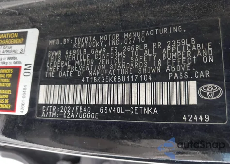 2011 Toyota Camry Le V6 из США, поврежденный, VIN 4T1BK3EK6BU117104